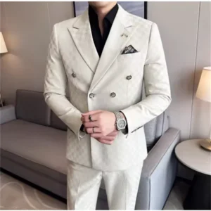 (Jacket+Pants)Luxury Checkered Double Breasted Suit 2 Pieces Fashion Business Slim Fit Social Formal Suit Evening Dress 5XL-M
