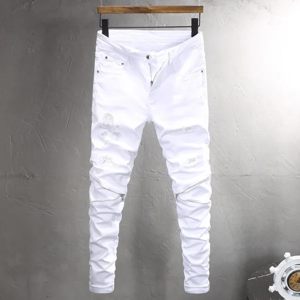 Street Fashion Men Jeans White Elastic Stretch Skinny Ripped Jeans Men Skull Designer Zipper Patched Hip Hop Punk Pants Hombre