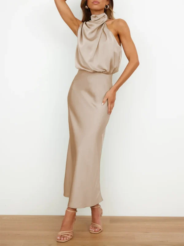 Women Long Satin Dress Elegant Sleeveless Turtleneck Solid Summer Dress for Cocktail Party - Image 4