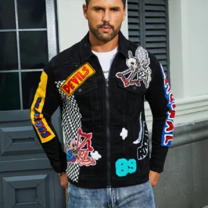 Men's stretch denim jacket, cat creases wash water, full embroidered seal design, fashion style, suitable for all seasons-6050BL