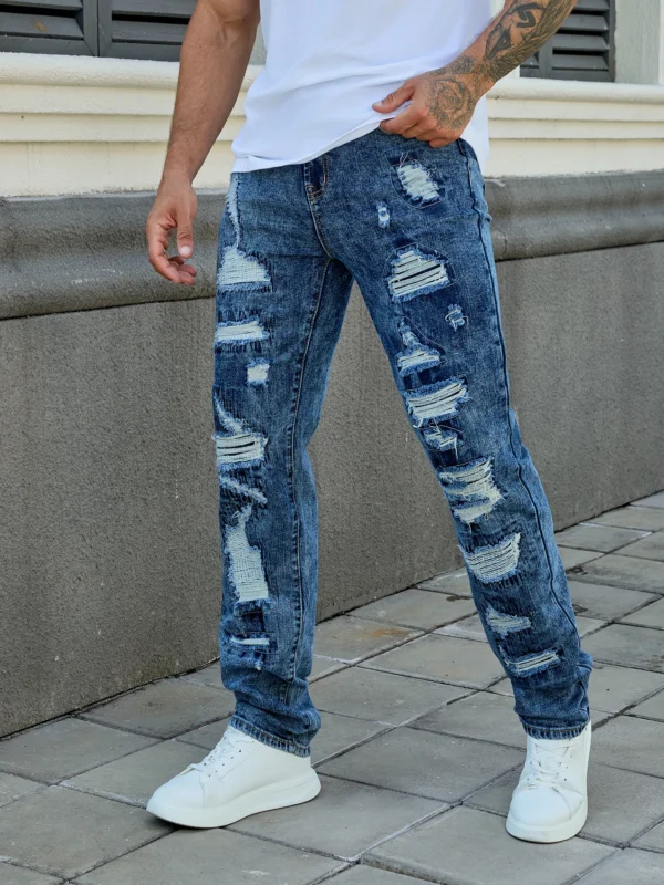 Men's Fashion Elastic Ripped Embroidered Pants, All Ripped Embroidery, Embroidery Mess, Stir-Fried Rinsing Water-105BLUE - Image 3