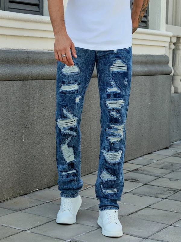 Men's Fashion Elastic Ripped Embroidered Pants, All Ripped Embroidery, Embroidery Mess, Stir-Fried Rinsing Water-105BLUE - Image 2