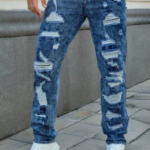 Men's Fashion Elastic Ripped Embroidered Pants, All Ripped Embroidery, Embroidery Mess, Stir-Fried Rinsing Water-105BLUE