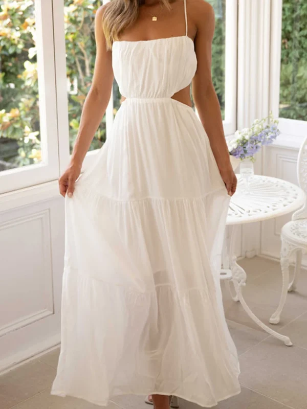 Elegant Sleeveless Maxi Dress with V-Neckline and Ruched Waist Detail for Women s Summer Fashion