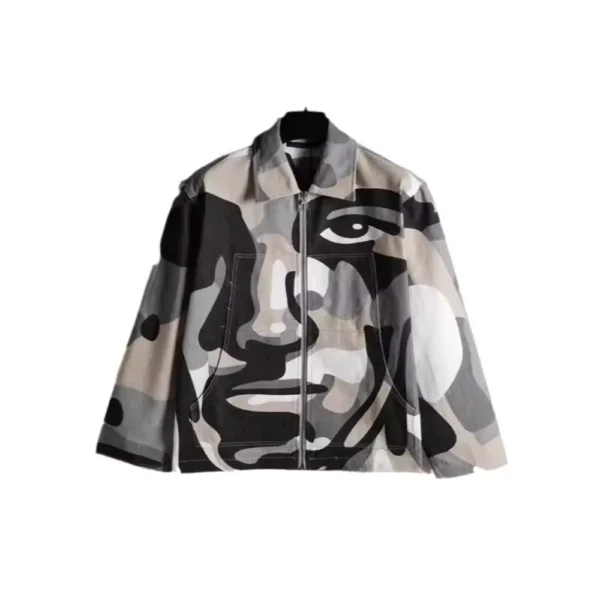 American style new retro printed slim fit long sleeved polo collar zipper cardigan jacket for men - Image 5