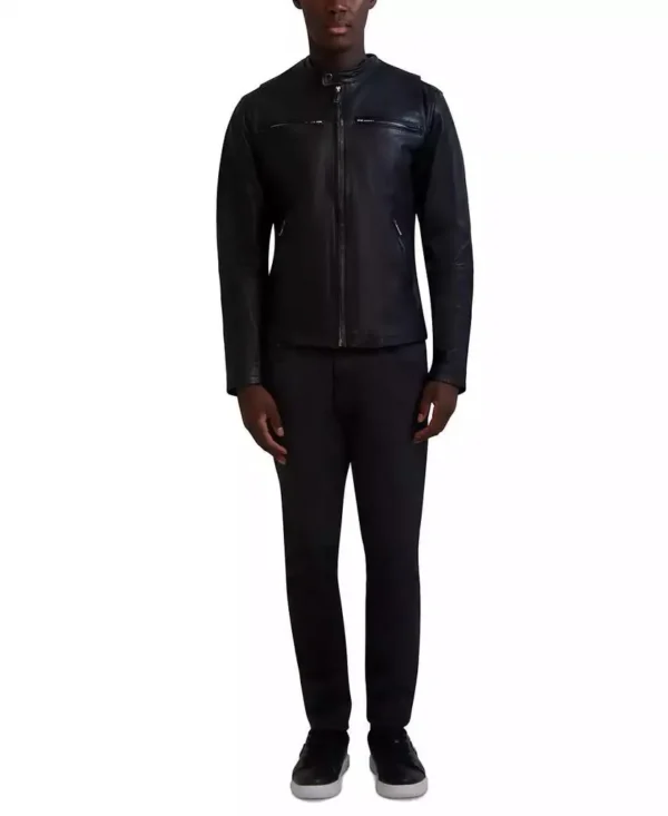Karl Lagerfeld | Men's Band-Collar Distressed Leather Jacket - Image 5