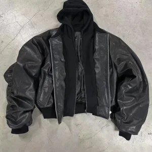 Mauroicardi Autumn Winter Oversized Cool Black Thickened Warm Pu Leather Bomber Jacket Men Hood Luxury Designer Fake 2 Clothes