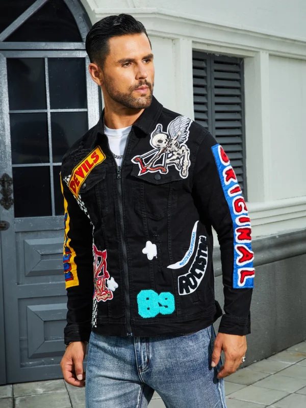 Men's stretch denim jacket, cat creases wash water, full embroidered seal design, fashion style, suitable for all seasons-6050BL - Image 2