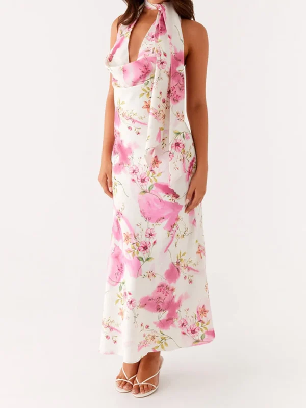 Elegant Floral Print Sleeveless Dress with Cowl Neck and Backless Design Perfect for Beach Club and Streetwear Fashion