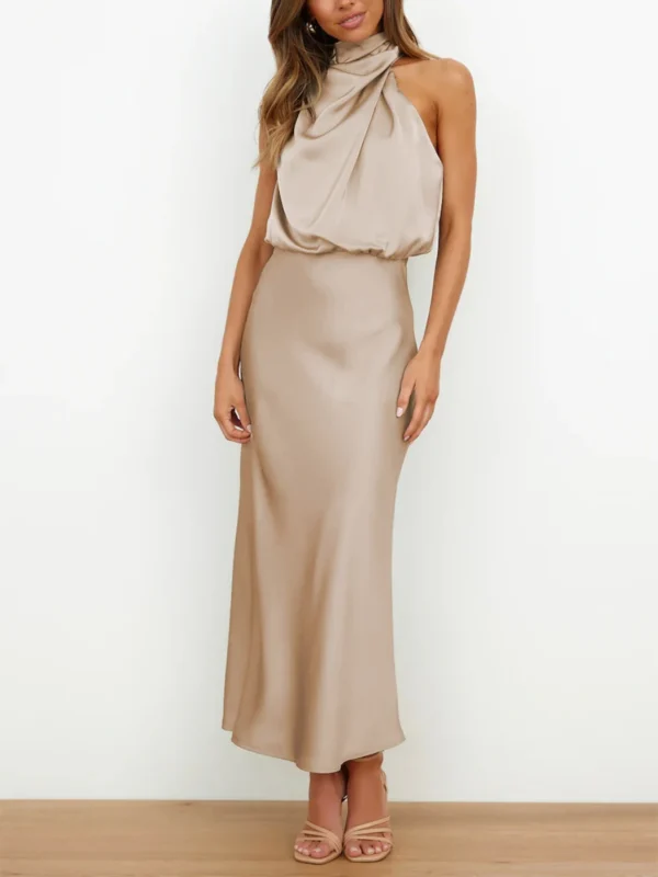 Women Long Satin Dress Elegant Sleeveless Turtleneck Solid Summer Dress for Cocktail Party - Image 5