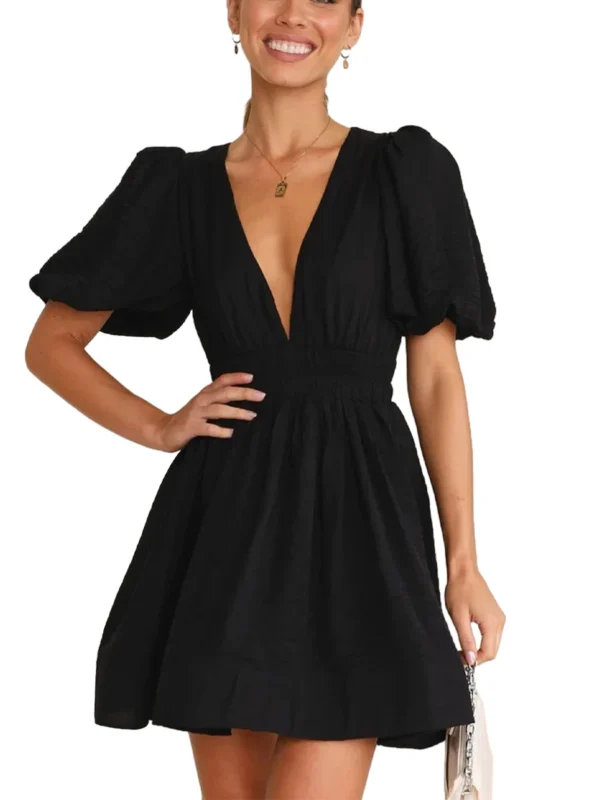 Women Summer Casual A-line Dress Solid Color Deep V-Neck Short Puff Sleeve Mini Dress Fashion Party Short Dress - Image 5