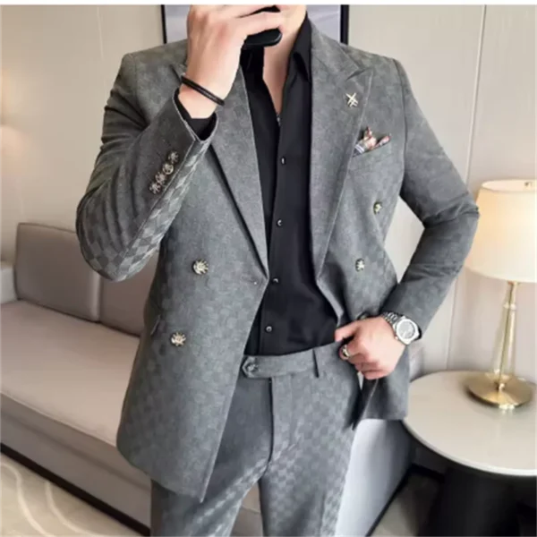 (Jacket+Pants)Luxury Checkered Double Breasted Suit 2 Pieces Fashion Business Slim Fit Social Formal Suit Evening Dress 5XL-M - Image 5
